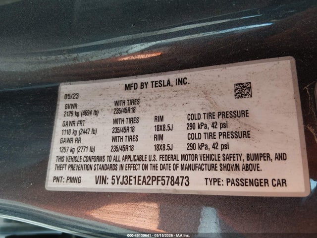Aukcja sprzedaży 2023 Tesla Model 3 Rear-wheel Drive, vin: 5YJ3E1EA2PF578473, numer aukcji: 45130641
