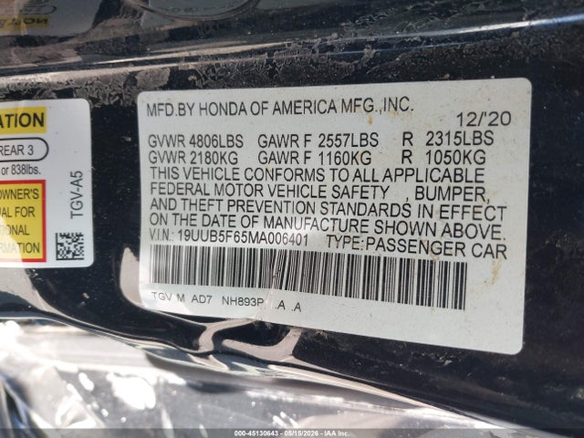 45130643 :رقم المزاد ، 19UUB5F65MA006401 vin ، 2021 Acura Tlx Advance Package مزاد بيع