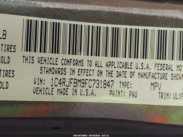 2015 Jeep Grand Cherokee Limited მანქანა იყიდება აუქციონზე, vin: 1C4RJFBM9FC731847, აუქციონის ნომერი: 45130645