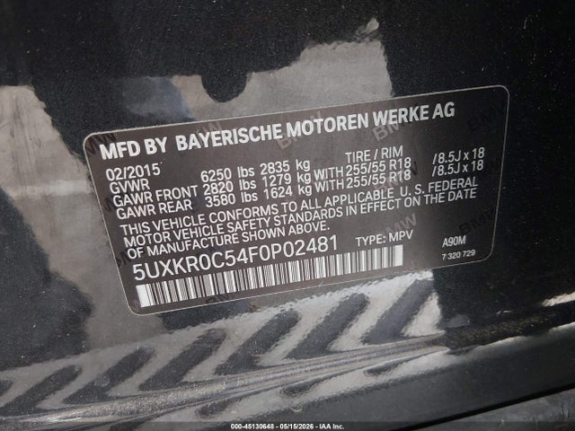 Продаж на аукціоні авто 2015 Bmw X5 Xdrive35i, vin: 5UXKR0C54F0P02481, номер лоту: 45130648