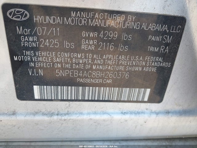 45130653 :رقم المزاد ، 5NPEB4AC8BH260376 vin ، 2011 Hyundai Sonata Gls مزاد بيع