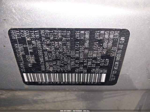 45130661 :رقم المزاد ، JN8BT3BB7SW421668 vin ، 2025 Nissan Rogue Sv Intelligent Awd مزاد بيع