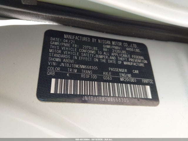 Продажа на аукционе авто 2021 Nissan Rogue Sport Sv Awd Xtronic Cvt, vin: JN1BJ1BW2MW668305, номер лота: 45130664