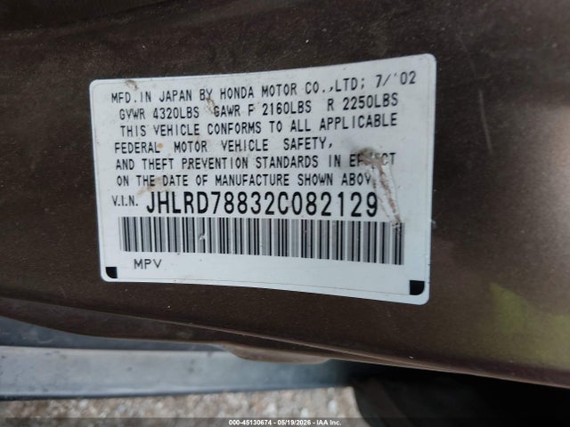 Aukcja sprzedaży 2002 Honda Cr-v Ex, vin: JHLRD78832C082129, numer aukcji: 45130674