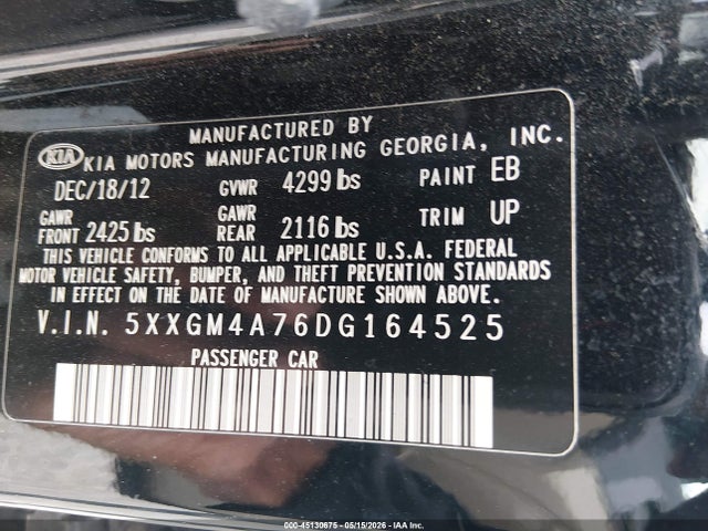Aukcja sprzedaży 2013 Kia Optima Lx, vin: 5XXGM4A76DG164525, numer aukcji: 45130675