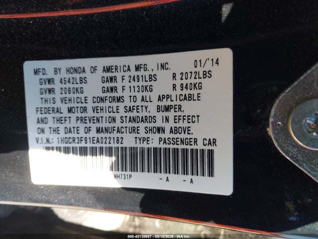 Aukcja sprzedaży 2014 Honda Accord Touring, vin: 1HGCR3F91EA022182, numer aukcji: 45130687