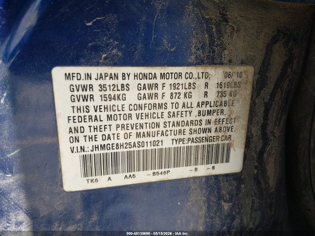 Продажа на аукционе авто 2010 Honda Fit, vin: JHMGE8H25AS011021, номер лота: 45130696