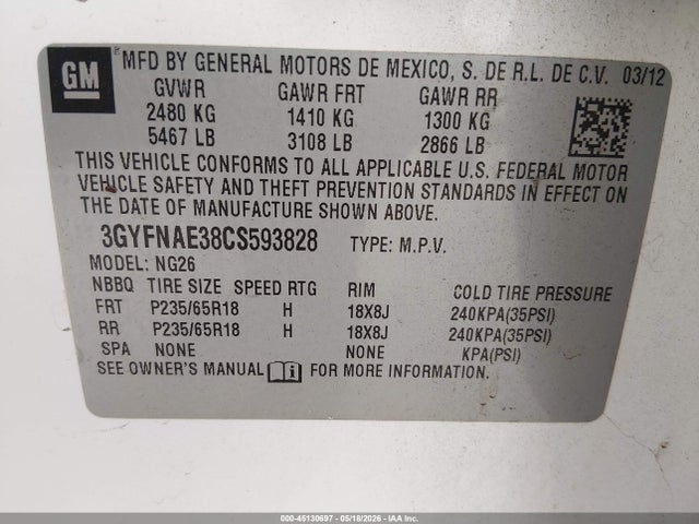 Aukcja sprzedaży 2012 Cadillac Srx Luxury Collection, vin: 3GYFNAE38CS593828, numer aukcji: 45130697