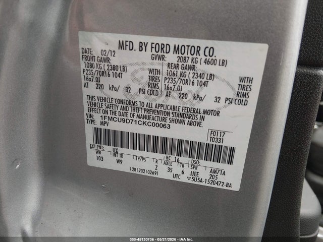 2012 Ford Escape Xlt მანქანა იყიდება აუქციონზე, vin: 1FMCU9D71CKC00063, აუქციონის ნომერი: 45130706