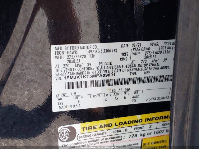 2021 Ford Expedition Limited Max მანქანა იყიდება აუქციონზე, vin: 1FMJK1KT5MEA09891, აუქციონის ნომერი: 45130709