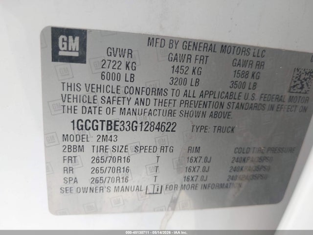 1GCGTBE33G1284622 Chevrolet Colorado Wt