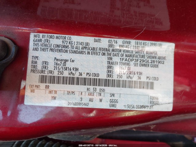 Продаж на аукціоні авто 2016 Ford Focus Se, vin: 1FADP3F29GL281902, номер лоту: 45130715
