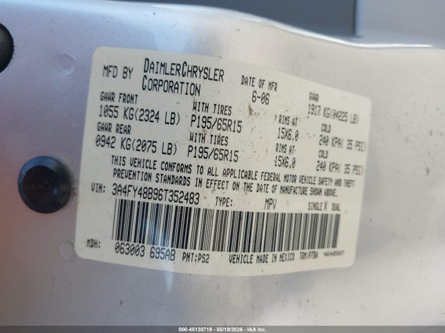 Aukcja sprzedaży 2006 Chrysler Pt Cruiser, vin: 3A4FY48B96T352483, numer aukcji: 45130719