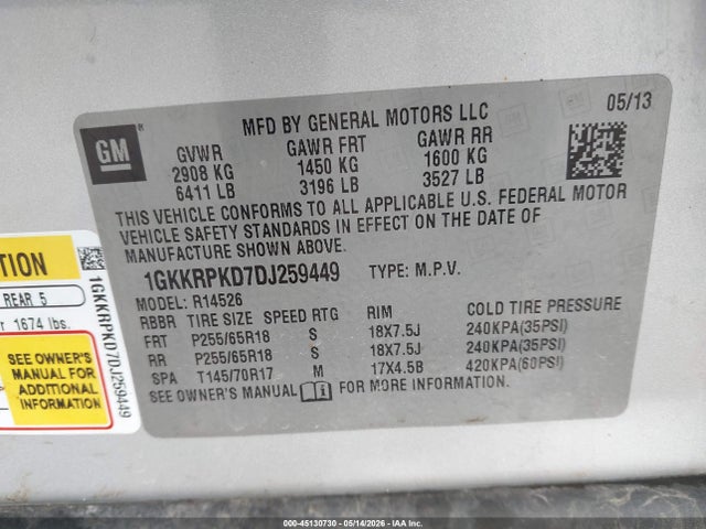 2013 Gmc Acadia Sle-2 მანქანა იყიდება აუქციონზე, vin: 1GKKRPKD7DJ259449, აუქციონის ნომერი: 45130730