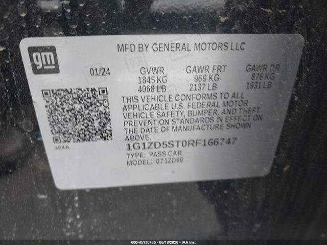 45130735 :رقم المزاد ، 1G1ZD5ST0RF166747 vin ، 2024 Chevrolet Malibu Fwd 1lt مزاد بيع