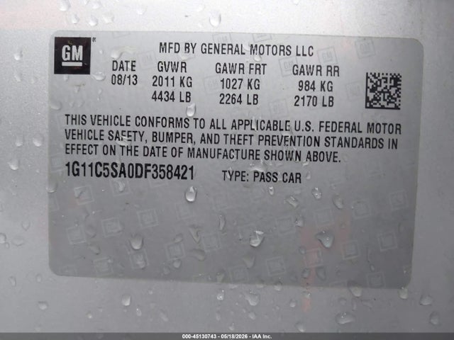 45130743 :رقم المزاد ، 1G11C5SA0DF358421 vin ، 2013 Chevrolet Malibu 1lt مزاد بيع