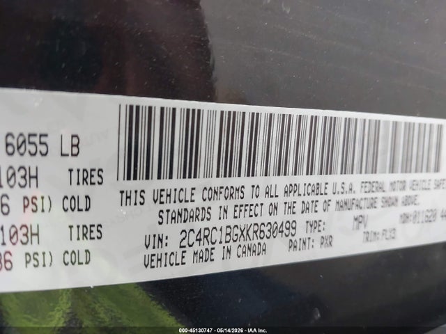 Aukcja sprzedaży 2019 Chrysler Pacifica Touring L, vin: 2C4RC1BGXKR630499, numer aukcji: 45130747
