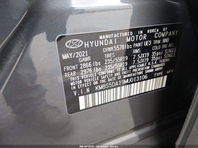 45130757 :رقم المزاد ، KM8S5DA19MU013106 vin ، 2021 Hyundai Santa Fe Hybrid Limited مزاد بيع