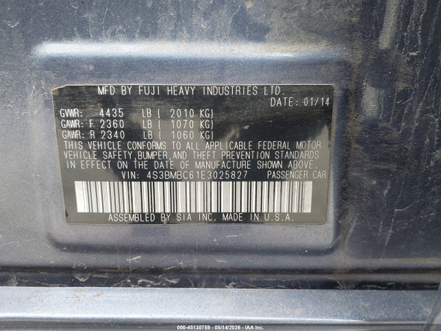 Продаж на аукціоні авто 2014 Subaru Legacy 2.5i Premium, vin: 4S3BMBC61E3025827, номер лоту: 45130759
