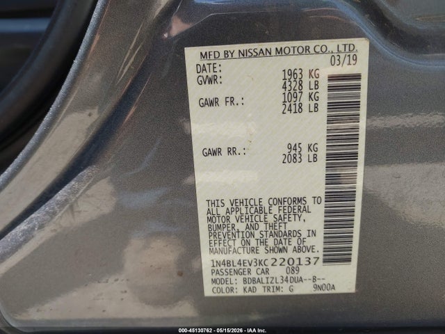 Aukcja sprzedaży 2019 Nissan Altima 2.5 Sl, vin: 1N4BL4EV3KC220137, numer aukcji: 45130762