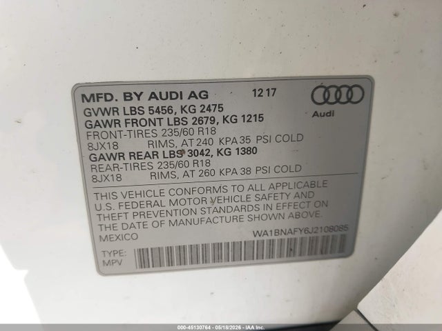 Aukcja sprzedaży 2018 Audi Q5 2.0t Premium/2.0t Tech Premium, vin: WA1BNAFY6J2108085, numer aukcji: 45130764