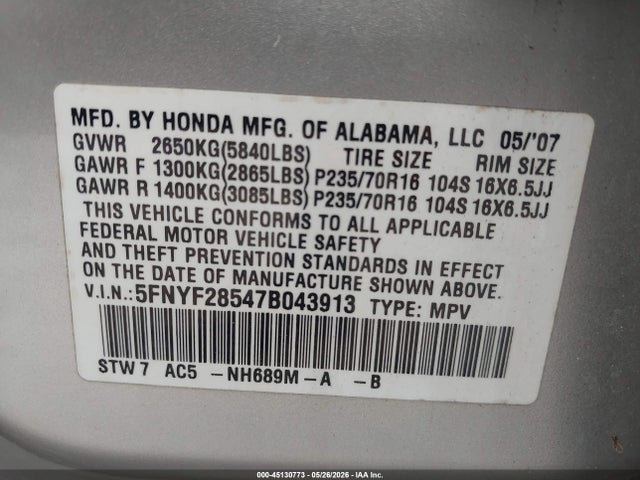 Aukcja sprzedaży 2007 Honda Pilot Ex-l, vin: 5FNYF28547B043913, numer aukcji: 45130773