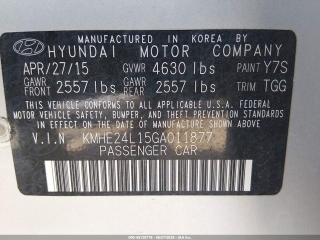 45130776 :رقم المزاد ، KMHE24L15GA011877 vin ، 2016 Hyundai Sonata Hybrid Se مزاد بيع