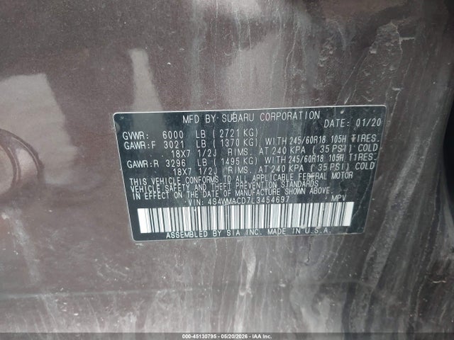Aukcja sprzedaży 2020 Subaru Ascent Premium, vin: 4S4WMACD7L3454697, numer aukcji: 45130795