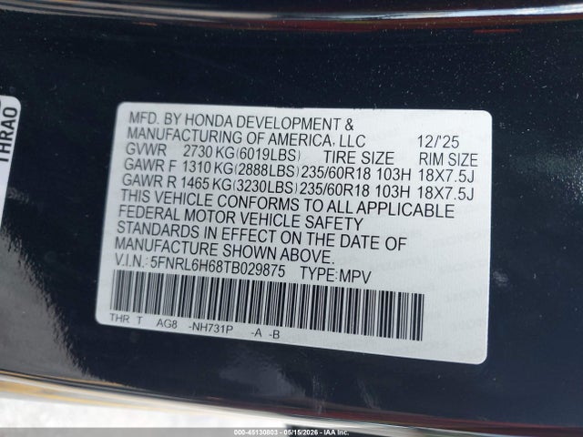 45130803 :رقم المزاد ، 5FNRL6H68TB029875 vin ، 2026 Honda Odyssey Ex-l مزاد بيع