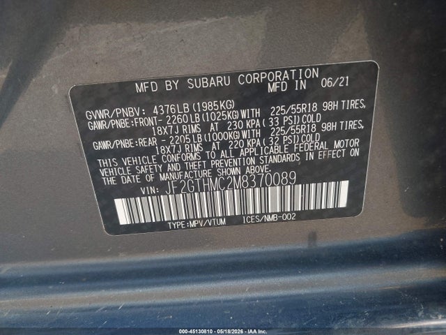 2021 Subaru Crosstrek Limited მანქანა იყიდება აუქციონზე, vin: JF2GTHMC2M8370089, აუქციონის ნომერი: 45130810
