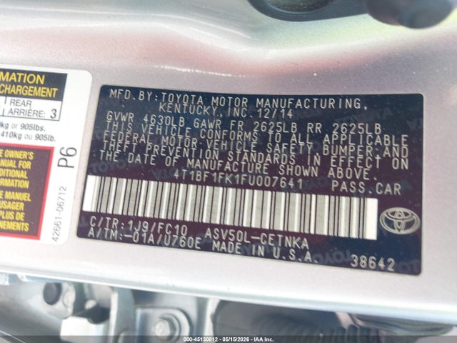 Продаж на аукціоні авто 2015 Toyota Camry Le, vin: 4T1BF1FK1FU007641, номер лоту: 45130812