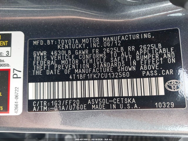 Aukcja sprzedaży 2012 Toyota Camry Se, vin: 4T1BF1FK7CU132560, numer aukcji: 45130813