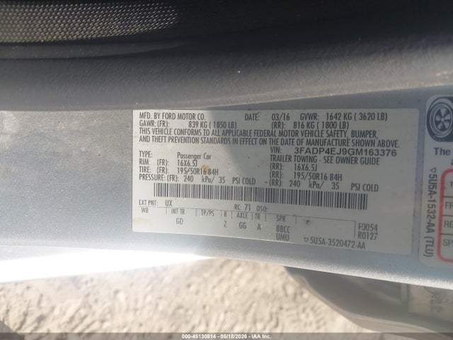 45130814 :رقم المزاد ، 3FADP4EJ9GM163376 vin ، 2016 Ford Fiesta Se مزاد بيع