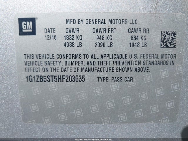 Продаж на аукціоні авто 2017 Chevrolet Malibu Ls, vin: 1G1ZB5ST5HF203635, номер лоту: 45130815