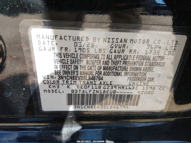 Продажа на аукционе авто 2025 Nissan Versa 1.6 Sv, vin: 3N1CN8EV3SL846794, номер лота: 45130822