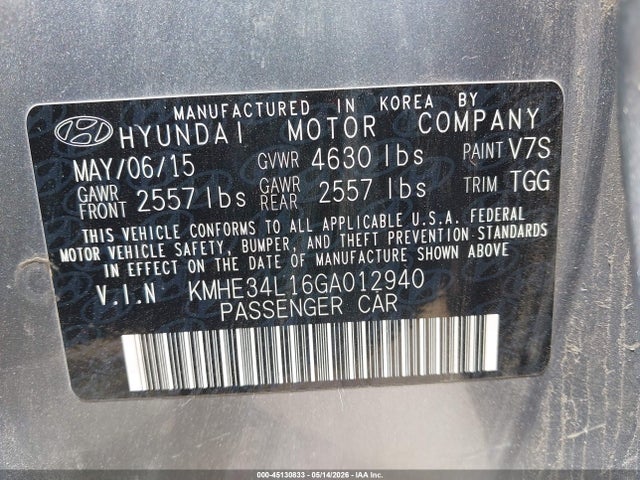 45130833 :رقم المزاد ، KMHE34L16GA012940 vin ، 2016 Hyundai Sonata Hybrid Limited مزاد بيع