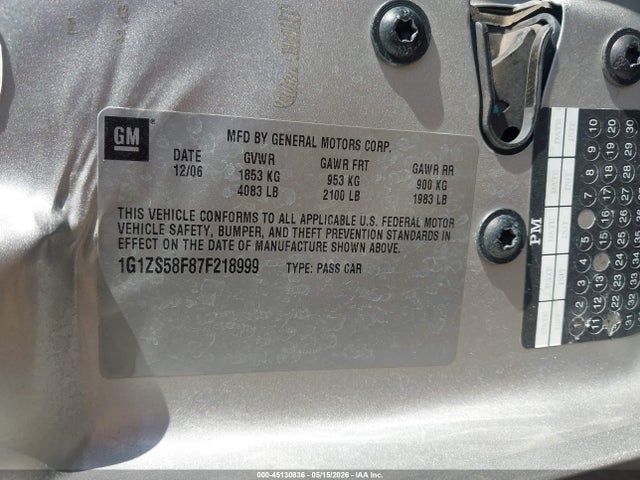 45130836 :رقم المزاد ، 1G1ZS58F87F218999 vin ، 2007 Chevrolet Malibu Ls مزاد بيع
