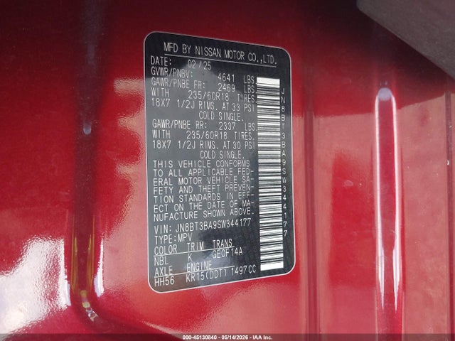 Продаж на аукціоні авто 2025 Nissan Rogue Sv Fwd, vin: JN8BT3BA9SW344177, номер лоту: 45130840