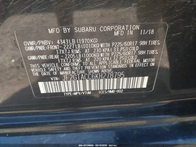 45130865 :رقم المزاد ، JF2GTACC6KH278795 vin ، 2019 Subaru Crosstrek 2.0i Premium مزاد بيع