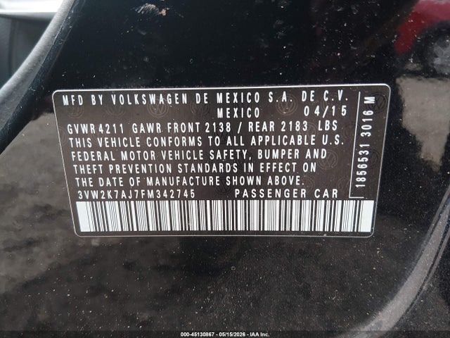 Продаж на аукціоні авто 2015 Volkswagen Jetta 2.0l S, vin: 3VW2K7AJ7FM342745, номер лоту: 45130867