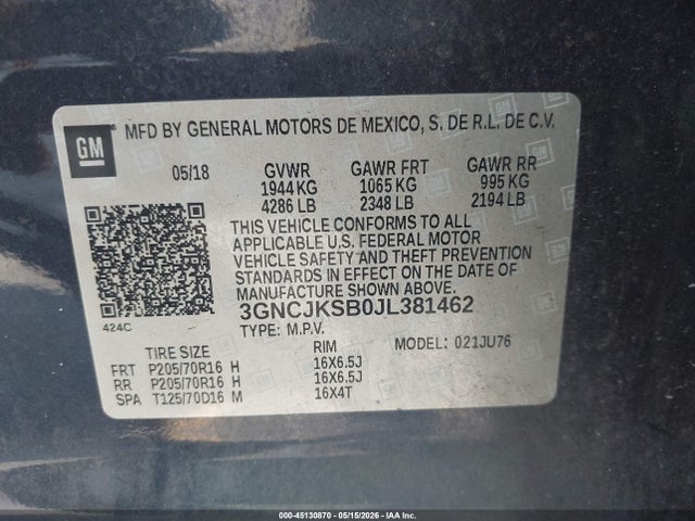 Aukcja sprzedaży 2018 Chevrolet Trax Ls, vin: 3GNCJKSB0JL381462, numer aukcji: 45130870