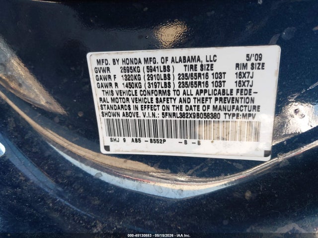 Aukcja sprzedaży 2009 Honda Odyssey Lx, vin: 5FNRL382X9B058380, numer aukcji: 45130883