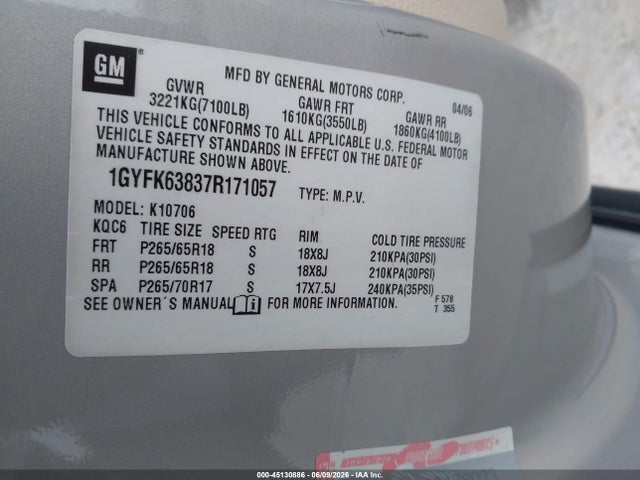 Продаж на аукціоні авто 2007 Cadillac Escalade Standard, vin: 1GYFK63837R171057, номер лоту: 45130886