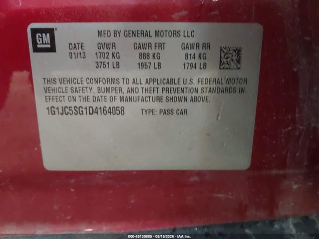 Продаж на аукціоні авто 2013 Chevrolet Sonic Lt Auto, vin: 1G1JC5SG1D4164058, номер лоту: 45130885