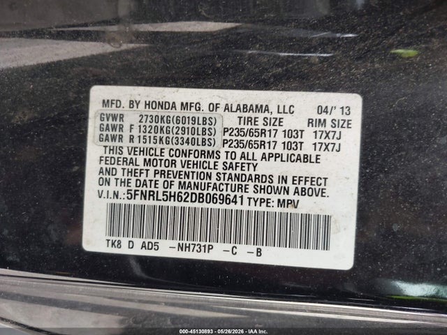 Aukcja sprzedaży 2013 Honda Odyssey Ex-l, vin: 5FNRL5H62DB069641, numer aukcji: 45130893