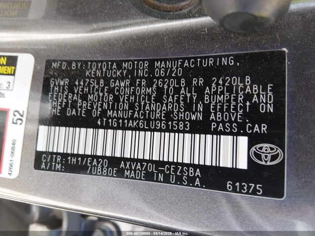 Продаж на аукціоні авто 2020 Toyota Camry Se, vin: 4T1G11AK6LU961583, номер лоту: 45130898