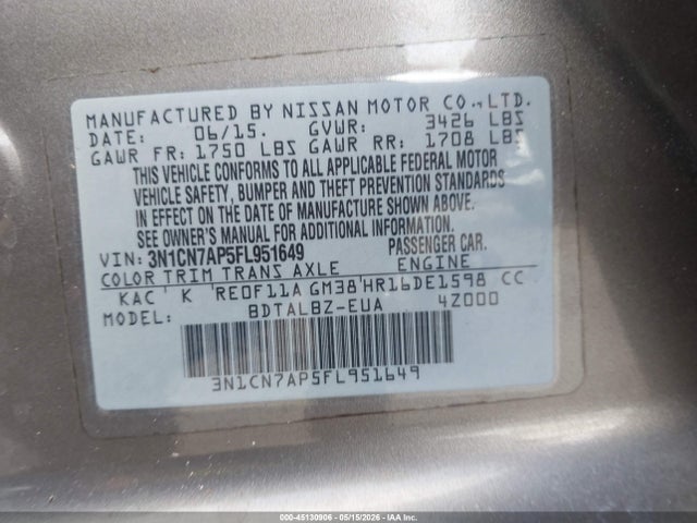 45130906 :رقم المزاد ، 3N1CN7AP5FL951649 vin ، 2015 Nissan Versa 1.6 Sv مزاد بيع