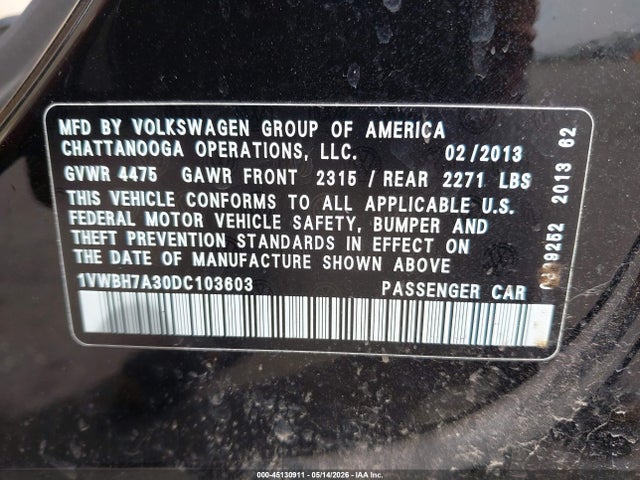 Продажа на аукционе авто 2013 Volkswagen Passat 2.5l Se, vin: 1VWBH7A30DC103603, номер лота: 45130911