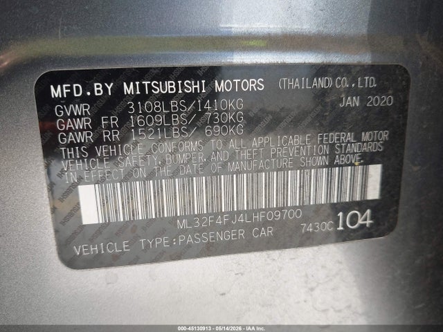 45130913 :رقم المزاد ، ML32F4FJ4LHF09700 vin ، 2020 Mitsubishi Mirage G4 Le مزاد بيع