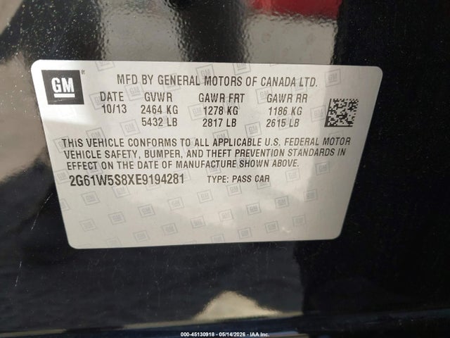 45130918 :رقم المزاد ، 2G61W5S8XE9194281 vin ، 2014 Cadillac Xts Vsport Platinum مزاد بيع